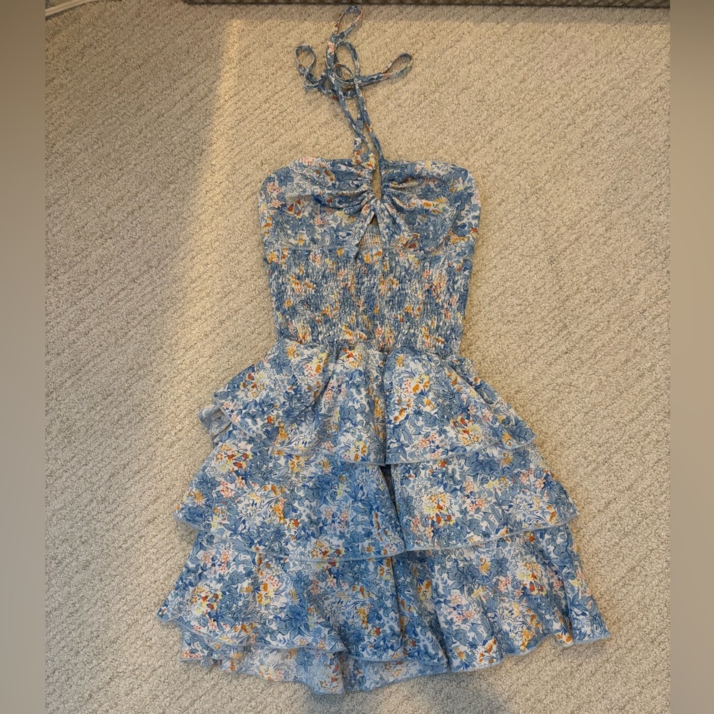 Blue Floral Halter Ruffle Mini Dress